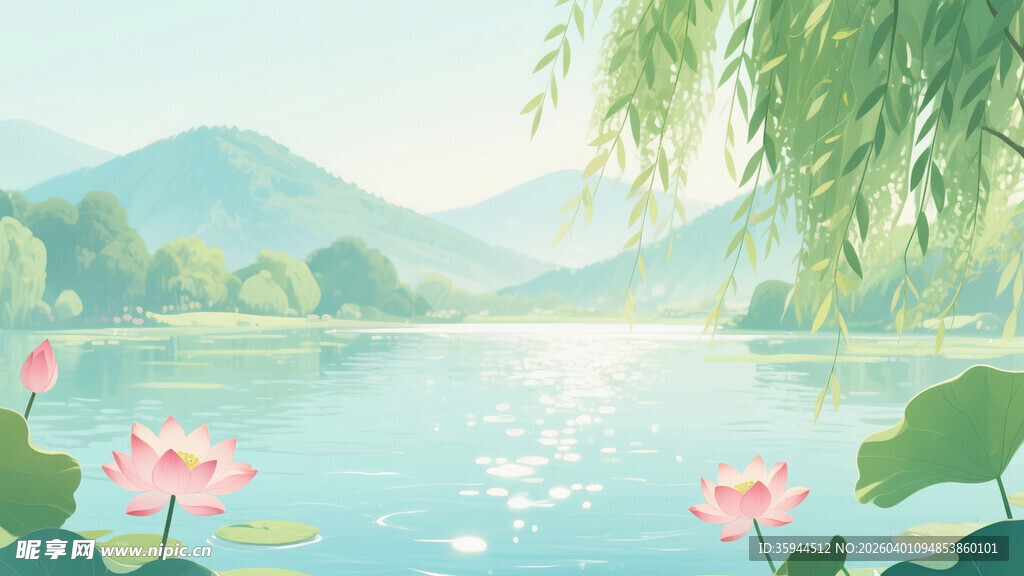 湖畔荷花垂柳诗意美景