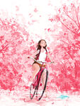 樱花下骑车的青春少女