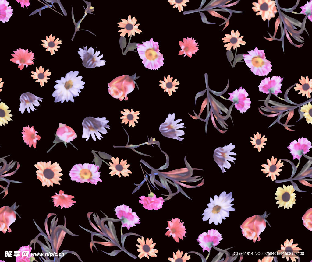 黑色背景多彩花卉图案