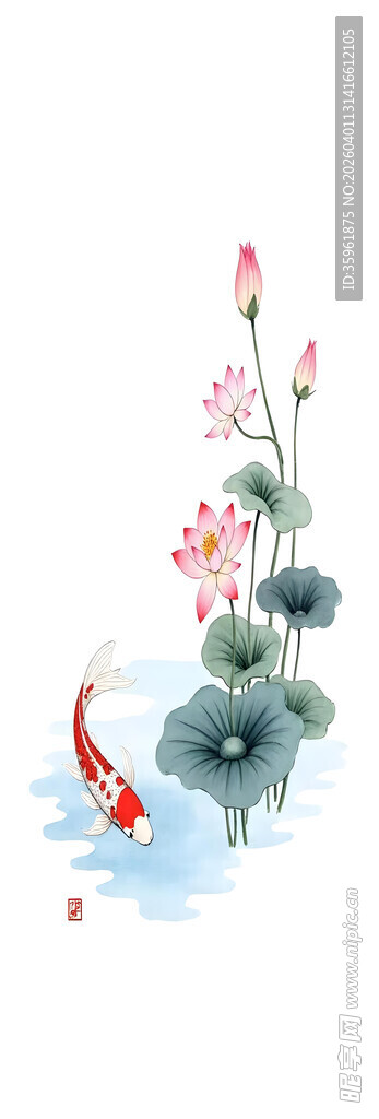 水墨风池塘锦鲤花卉图
