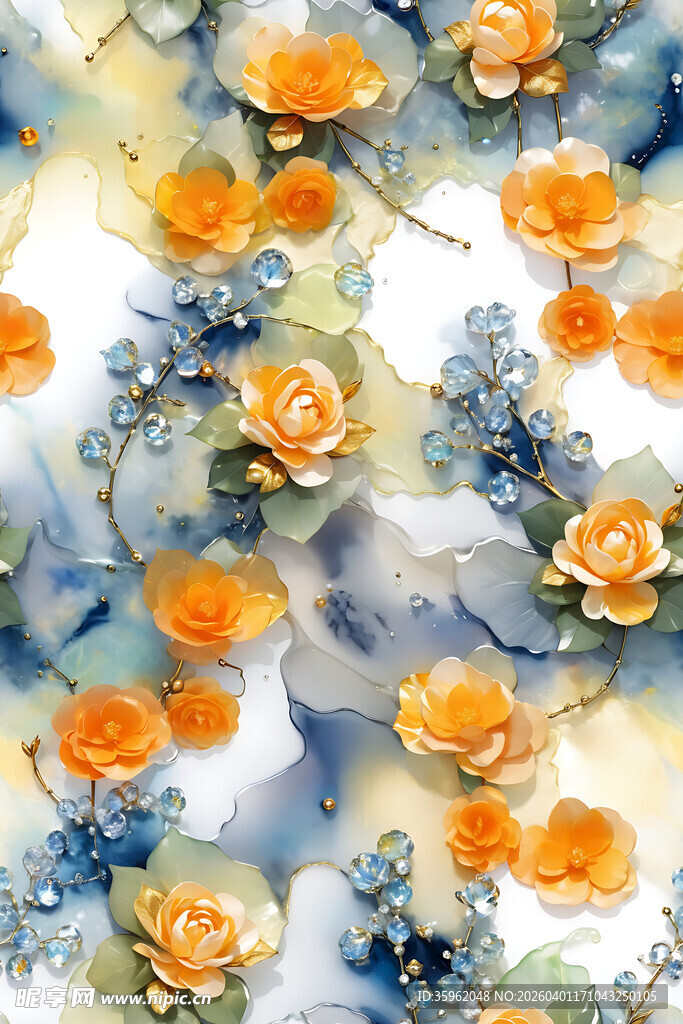 水彩风橙蓝花卉图案