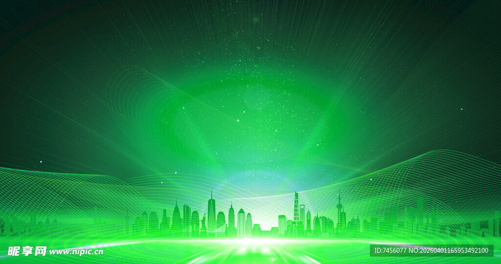 梦幻绿光中的城市景观
