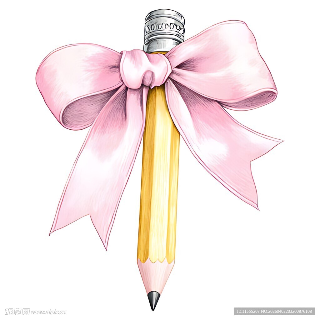 粉色蝴蝶结装饰的黄色铅笔