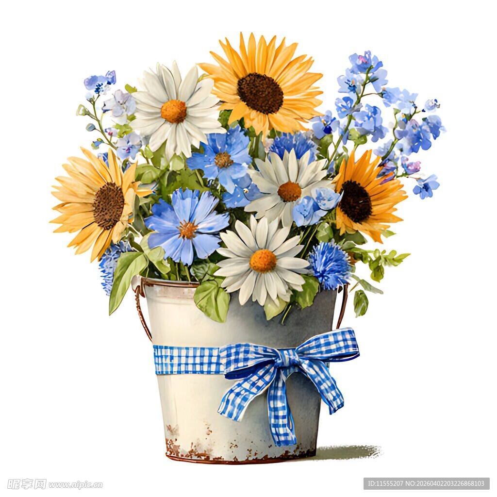 蓝白桶中盛放多彩鲜花