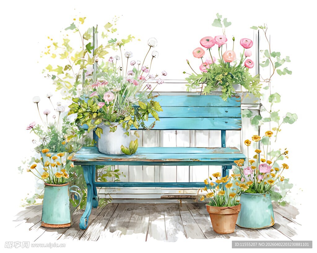 蓝色长椅旁的缤纷盆栽