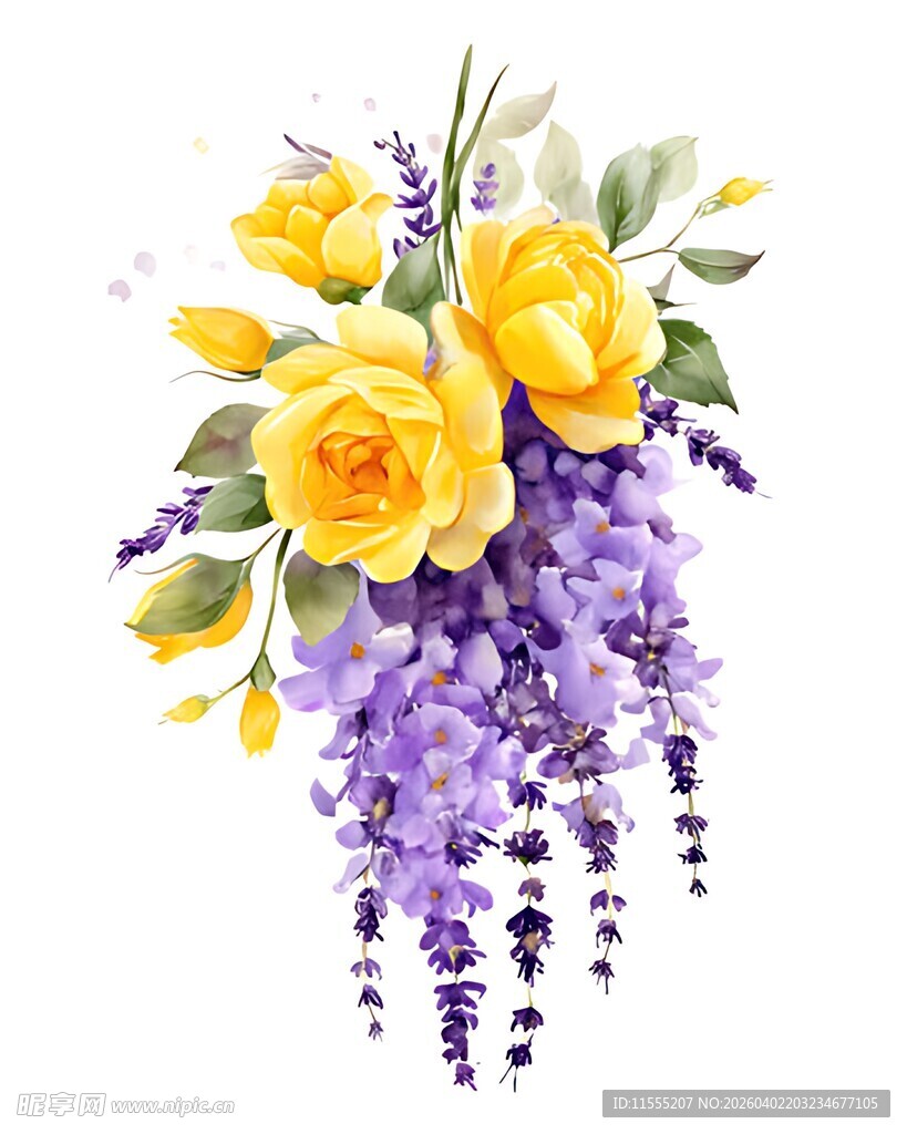 黄玫瑰与紫花的美丽组合