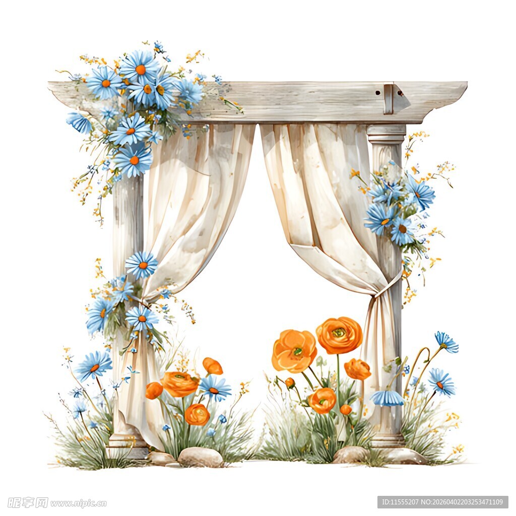 蓝花装饰的浪漫花卉拱门