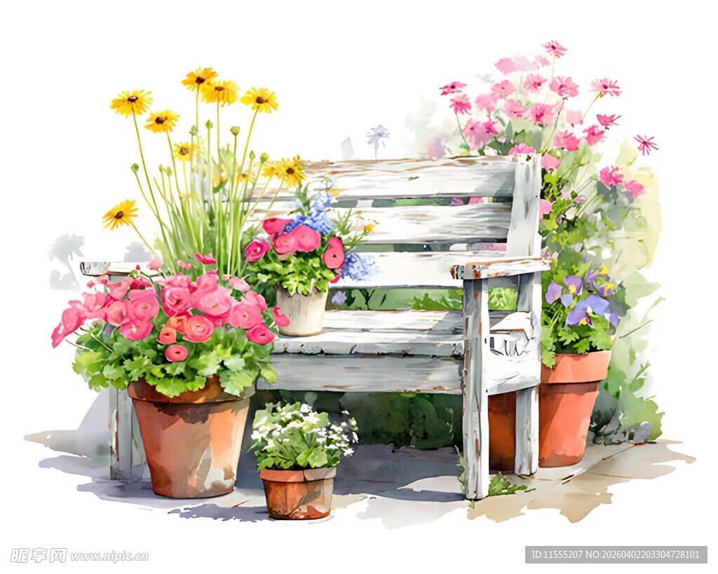 花园中的木质长椅与花卉