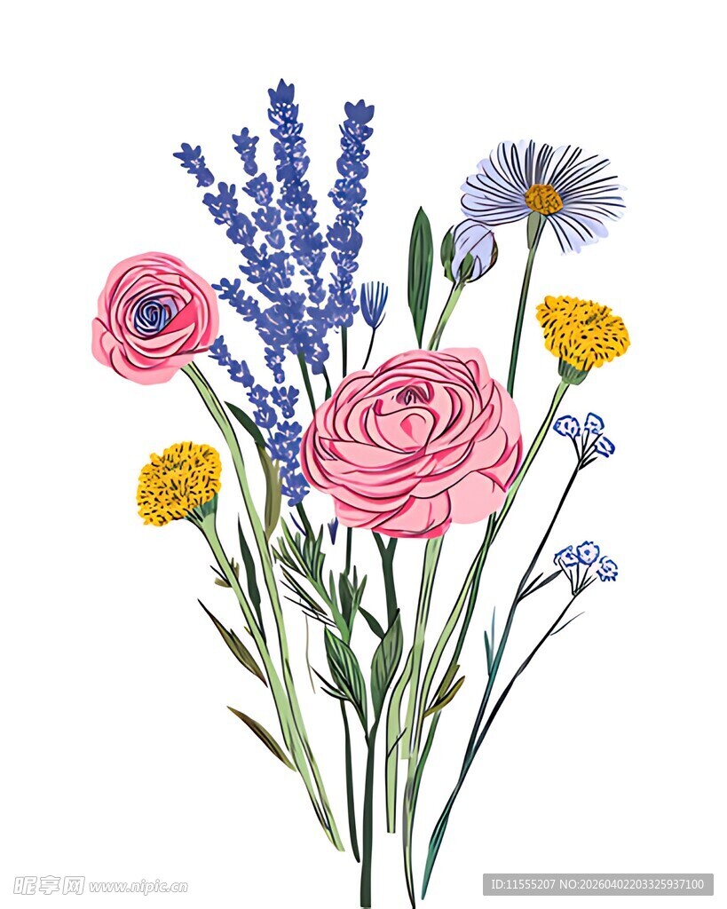 手绘多彩花卉组合