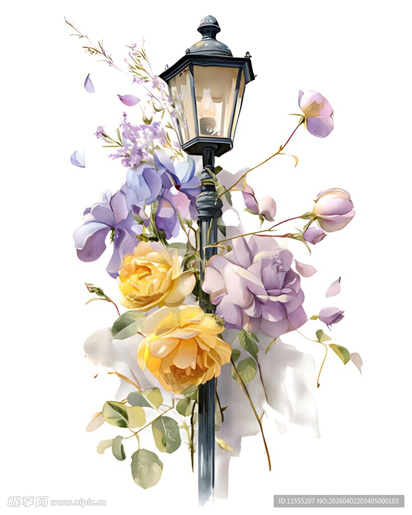 花卉簇拥的浪漫复古路灯