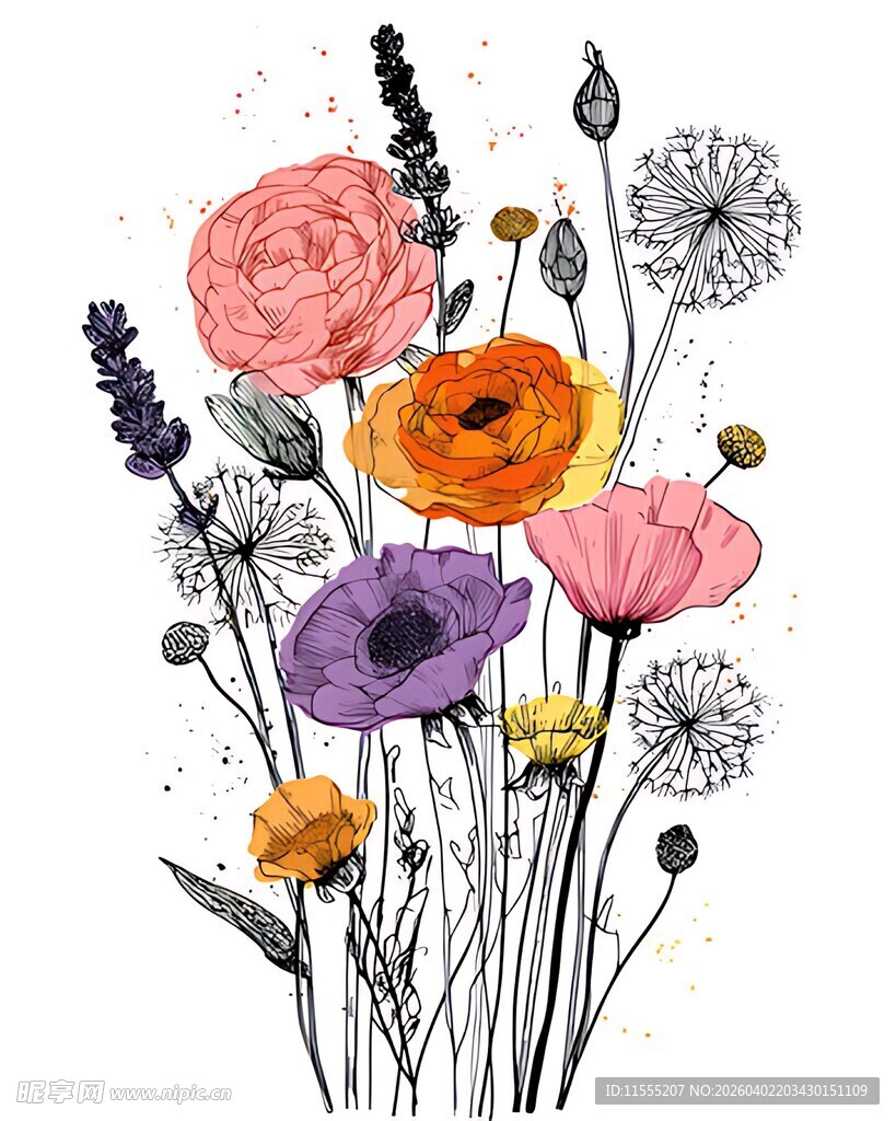 手绘多彩花卉插画作品