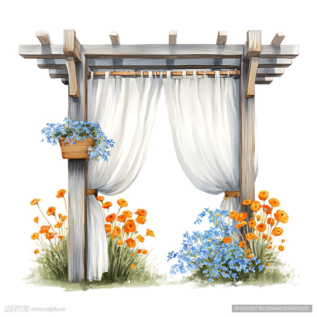 木质花架下的花卉美景