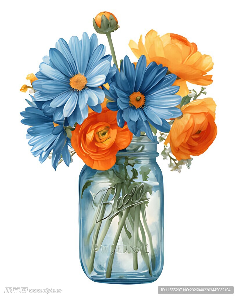 花瓶中的蓝橙花卉组合