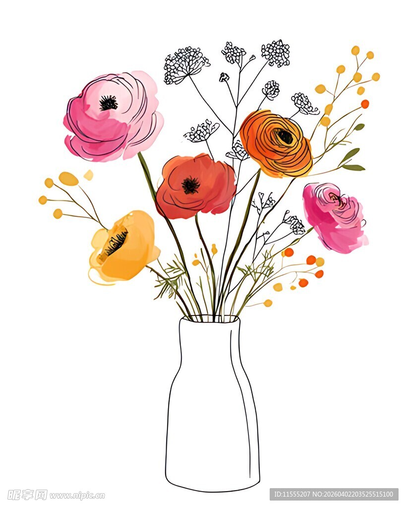 花瓶中的多彩花卉插画