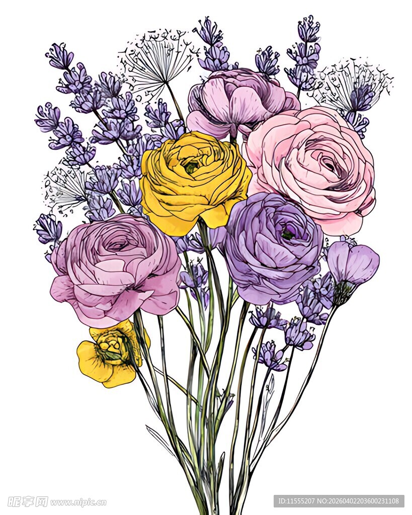 多彩花卉插画浪漫花束