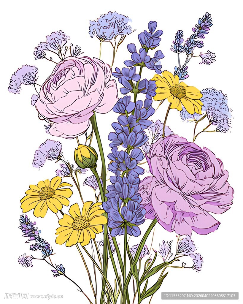 手绘多彩花卉组合