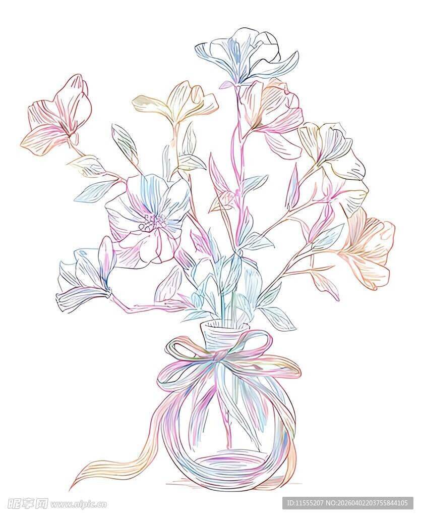 手绘彩色花瓶花卉插画