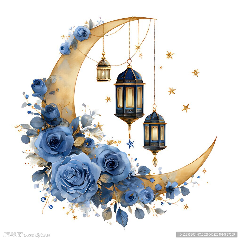 蓝玫瑰新月挂灯梦幻插画