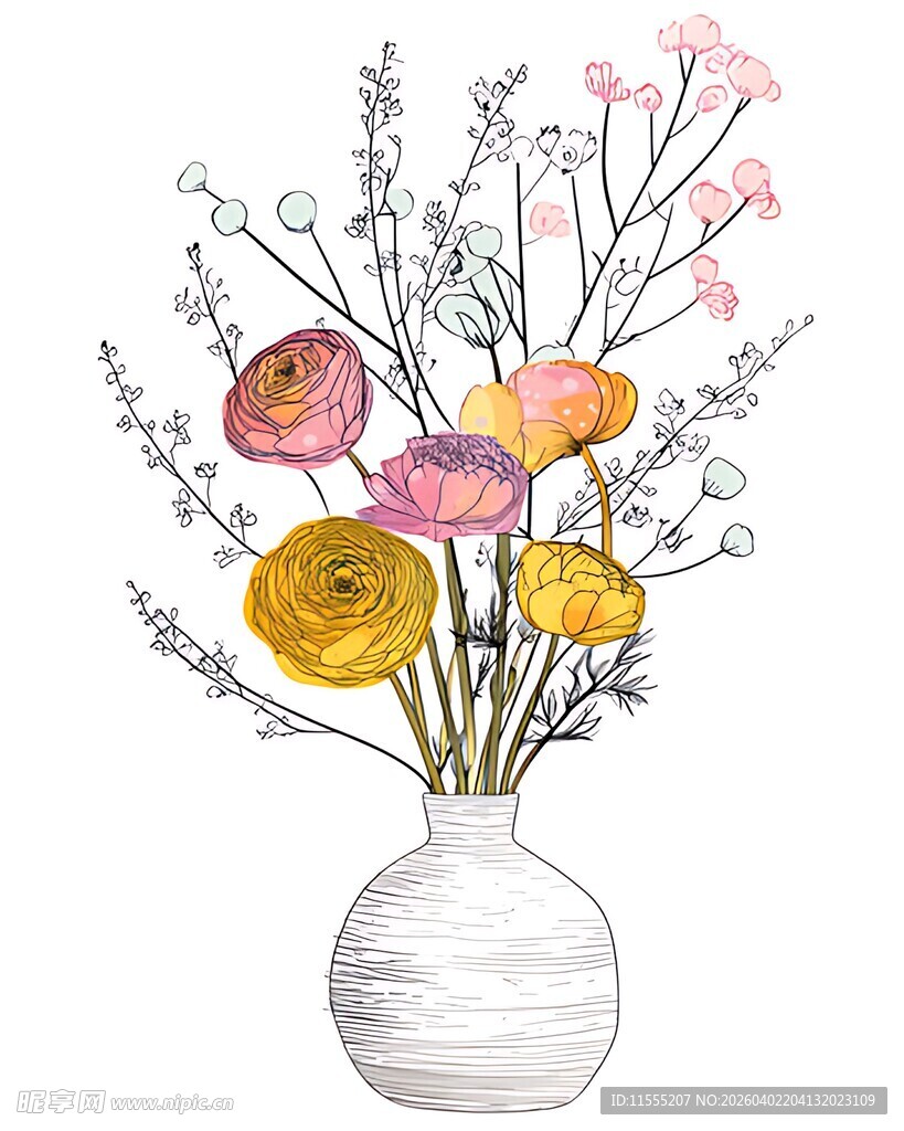 花瓶中的多彩花卉插画