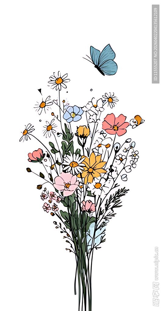 花瓶中的多彩花卉与蝴蝶