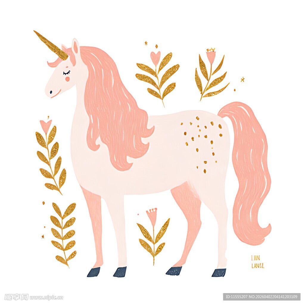 梦幻独角兽与金色植物装饰