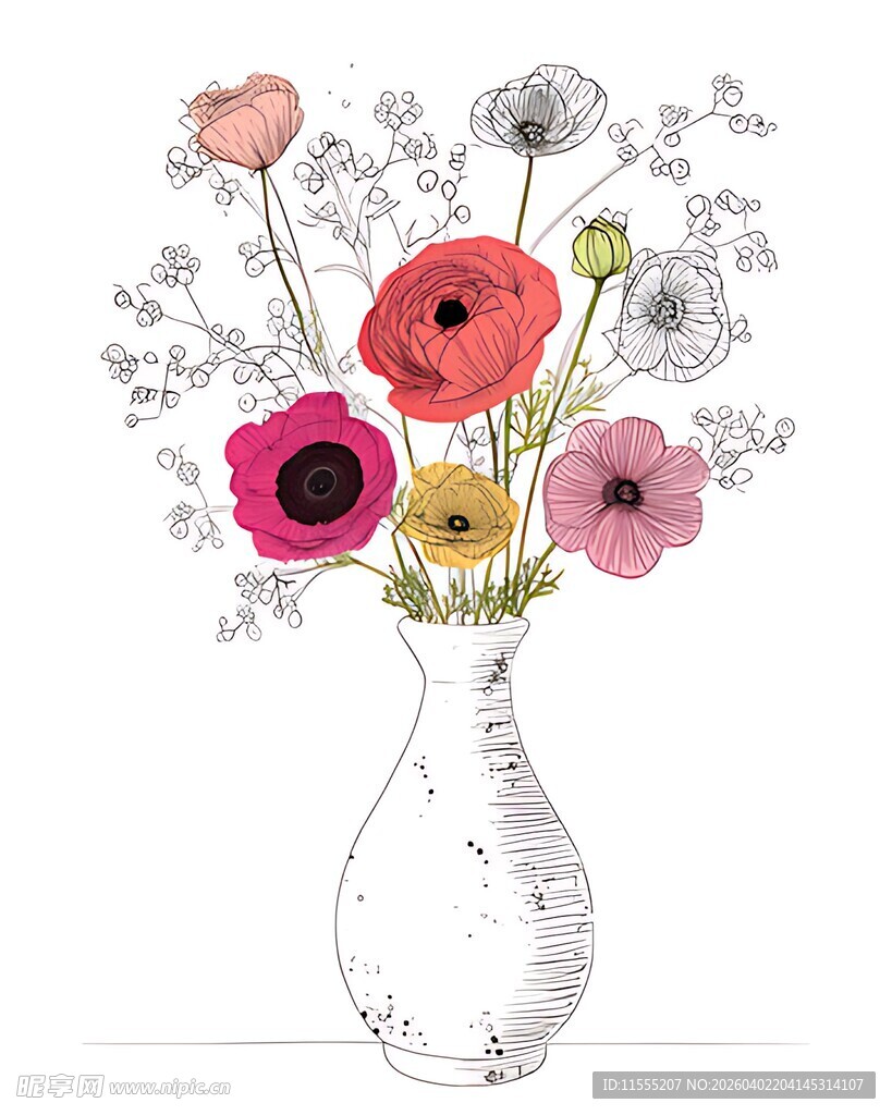 花瓶中的多彩花卉插画