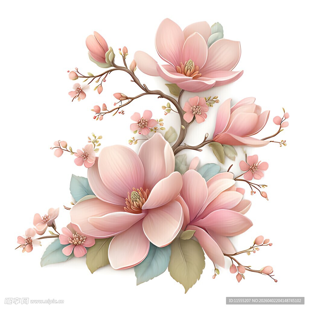 粉色玉兰花枝插画