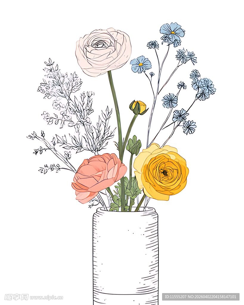 花瓶中的多彩花卉插画