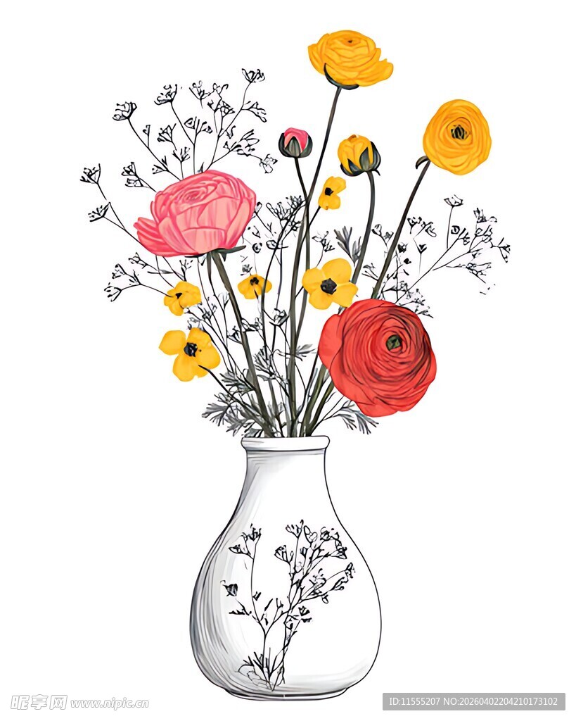 花瓶中的多彩花卉插画