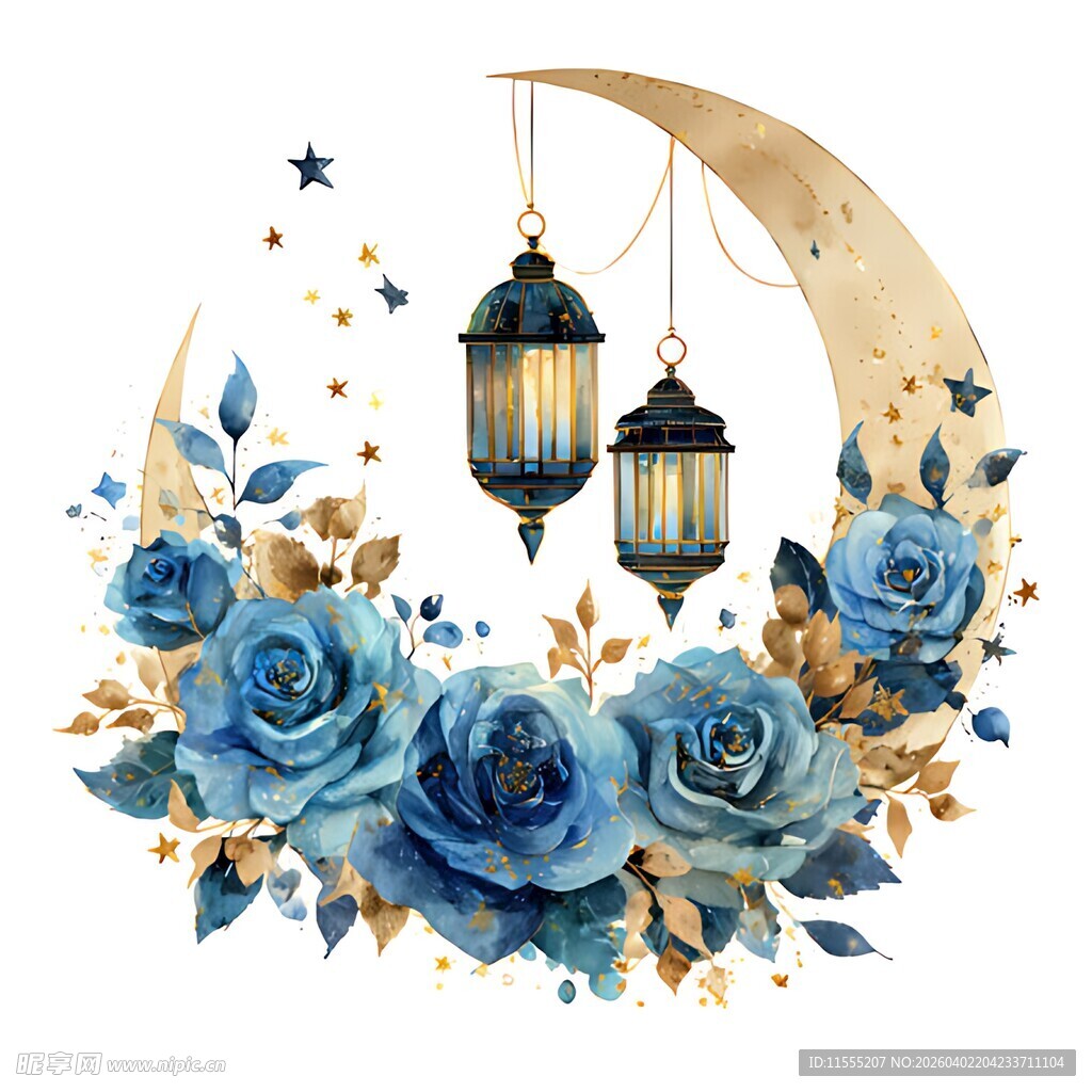 蓝玫瑰环绕的新月与灯笼