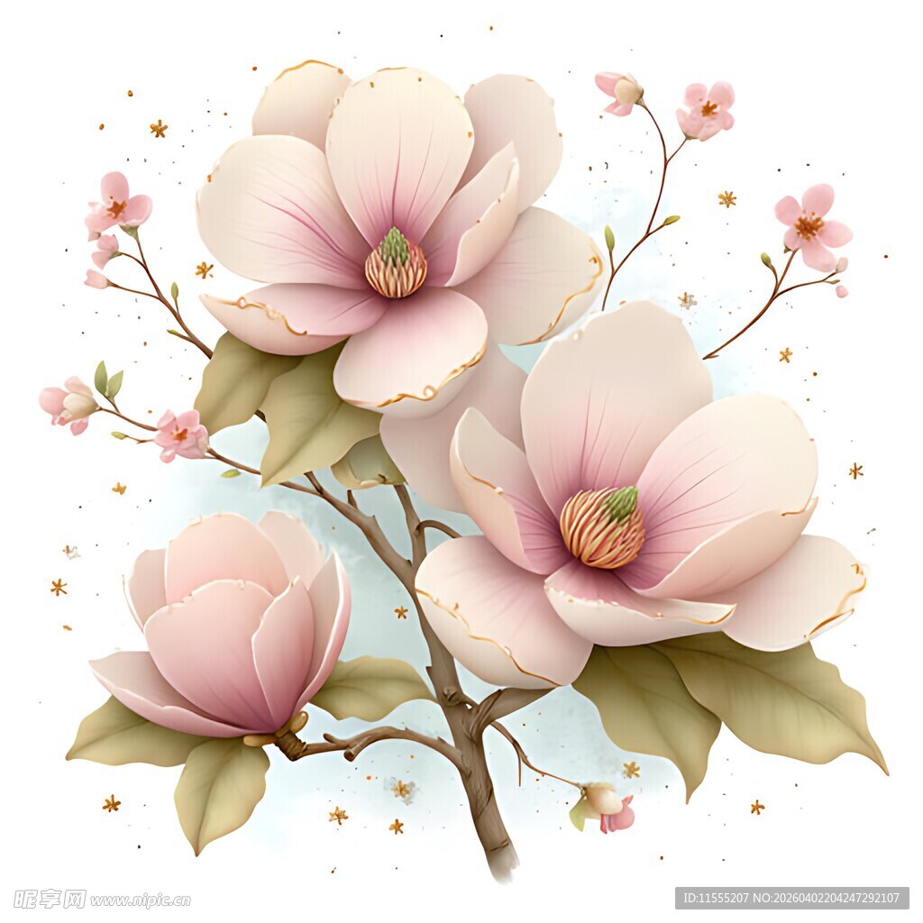 粉色玉兰花枝插画