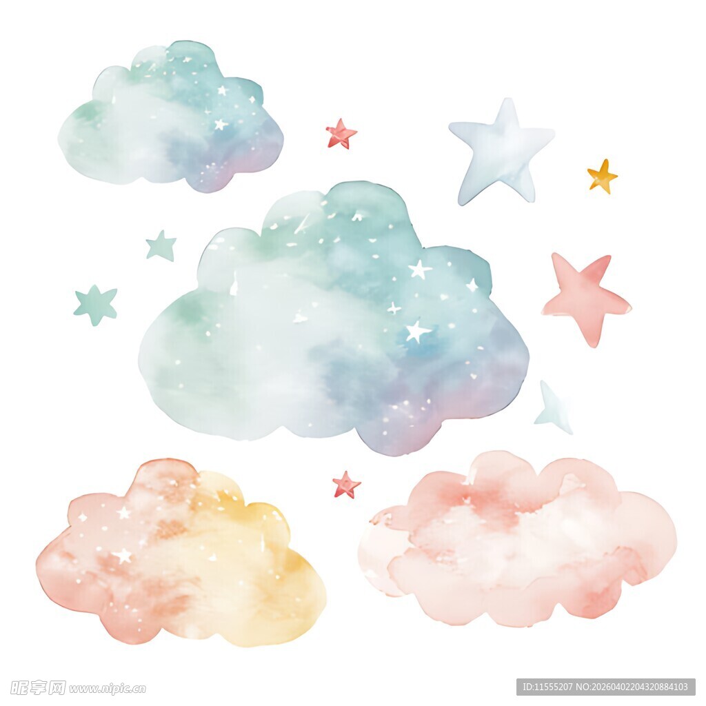 水彩梦幻云朵与星星图案