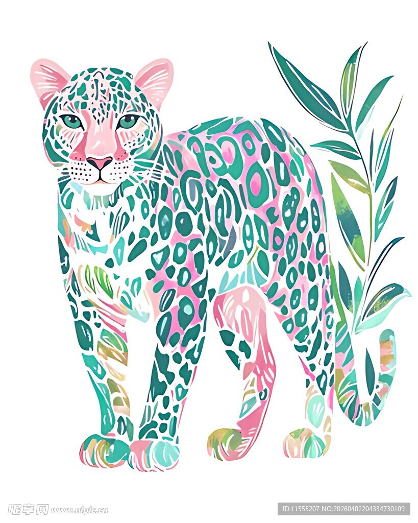 彩色豹与植物插画