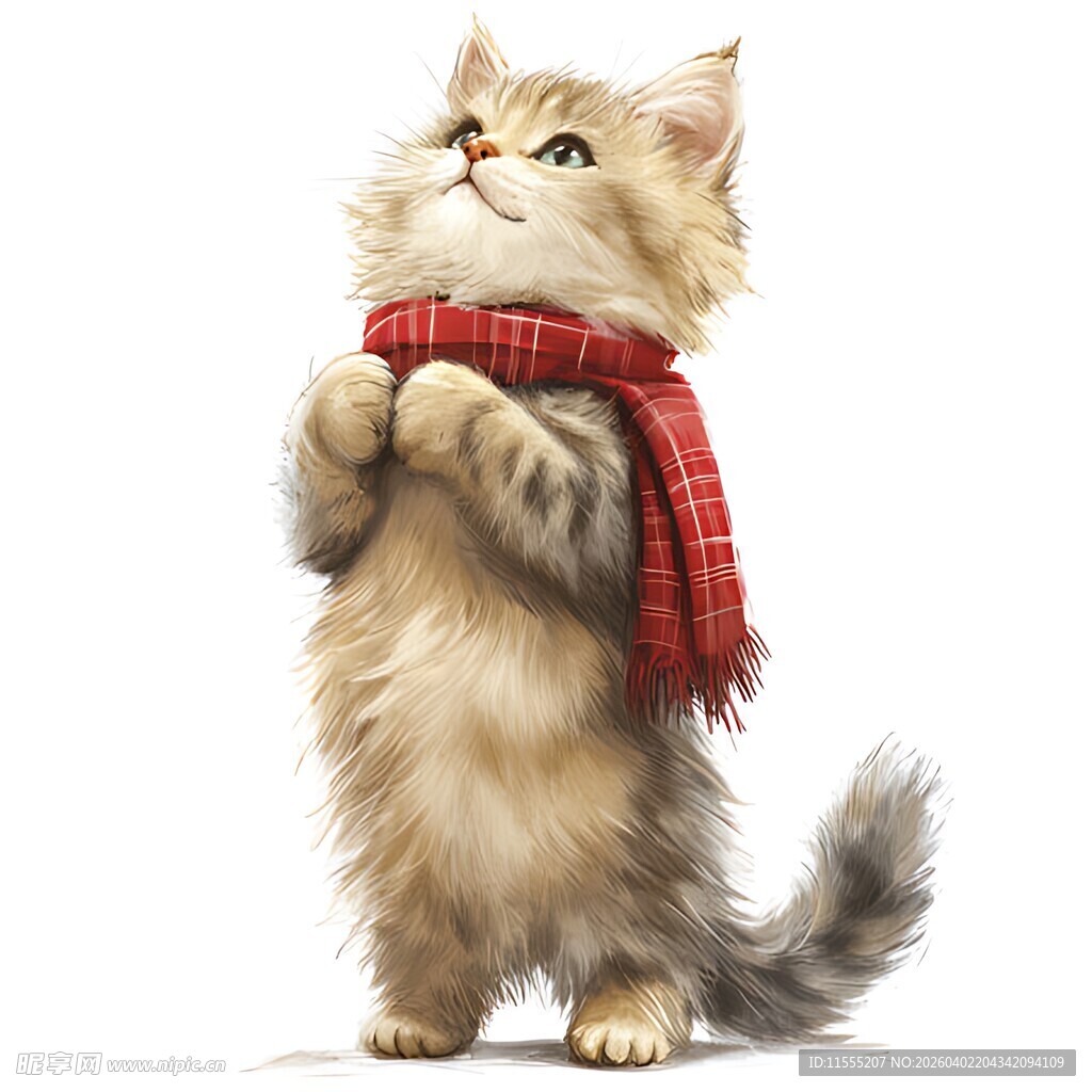 戴红围巾站立的可爱猫咪