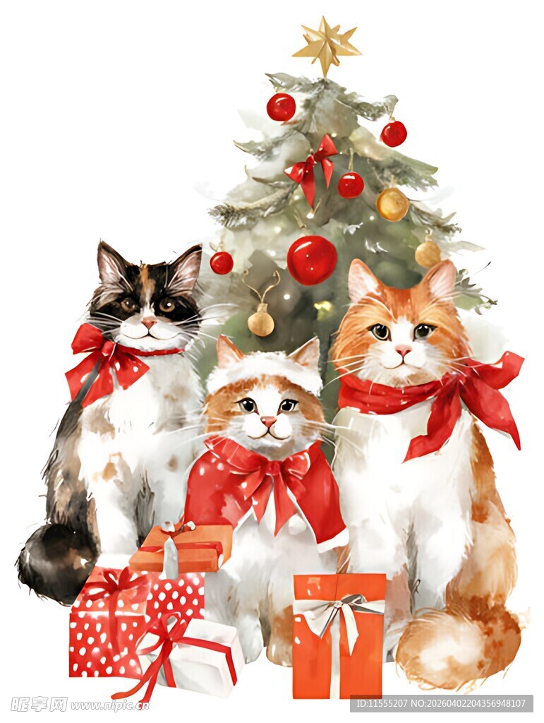 圣诞树下的可爱猫咪们