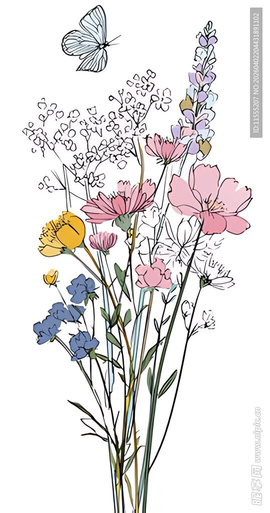 多彩花卉与蝴蝶插画