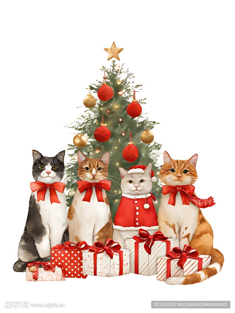 圣诞树下的可爱猫咪们