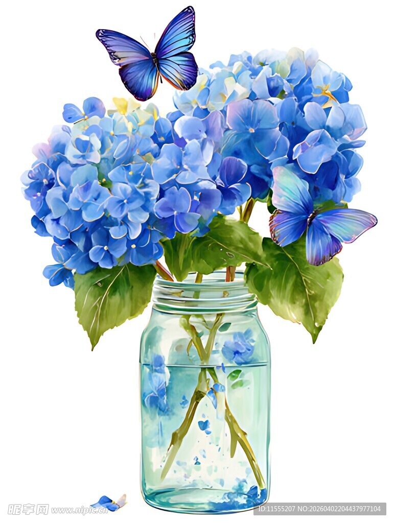 蓝绣球花插于玻璃瓶中