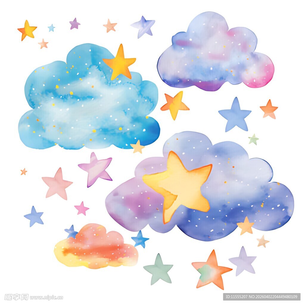梦幻水彩云朵与星星图案