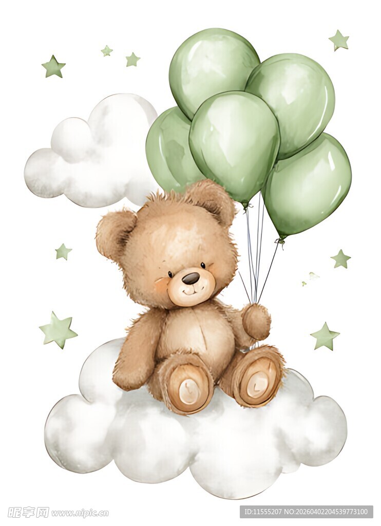 云朵上的小熊与绿气球