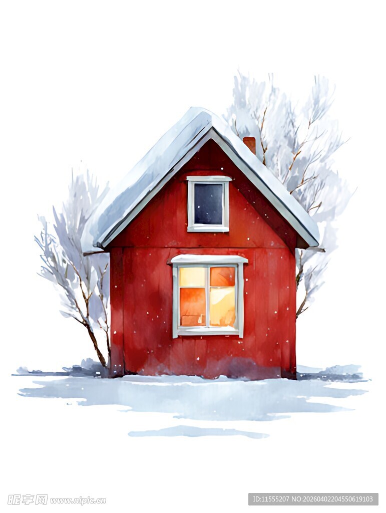 雪中小红屋温馨冬日景