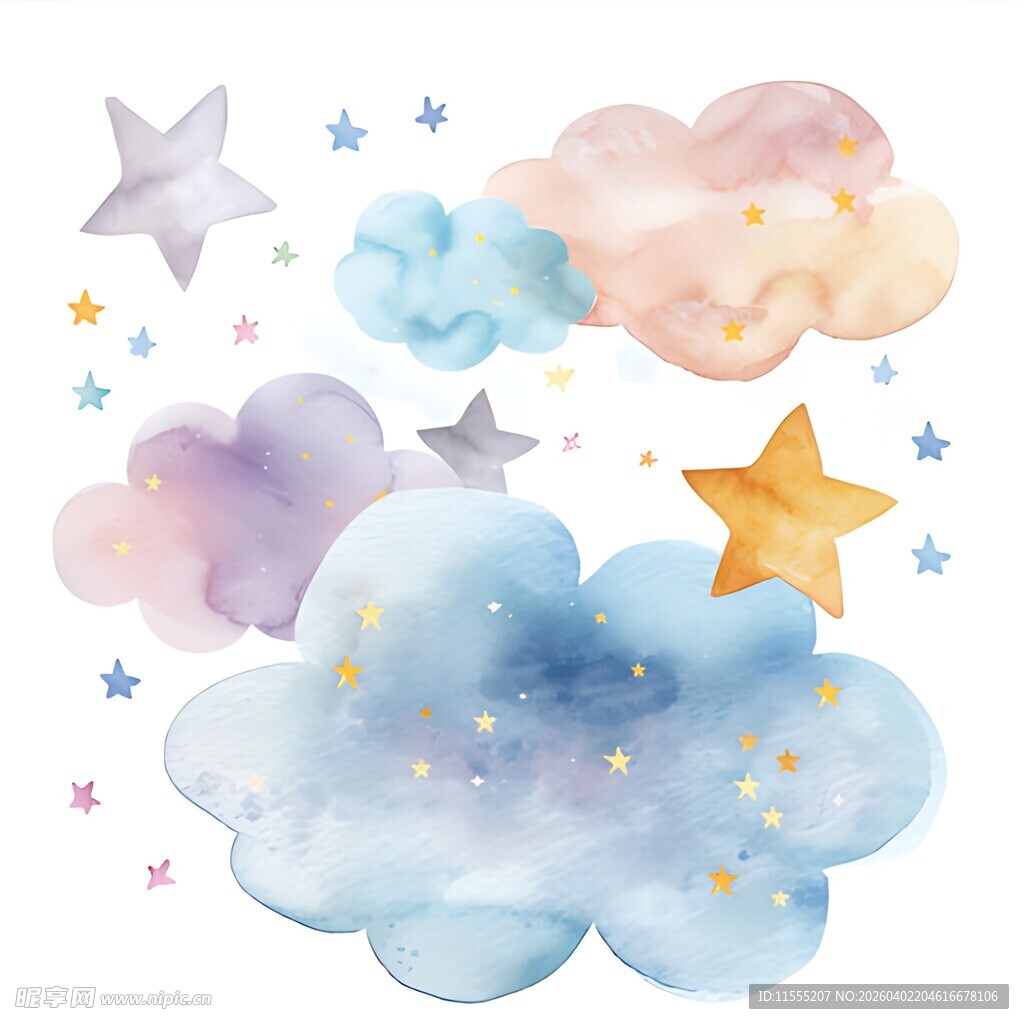 梦幻水彩云朵与星星图案