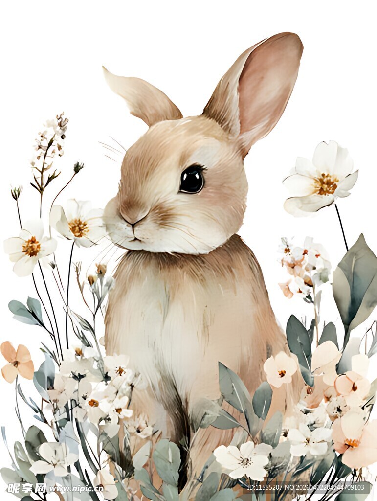 花丛中的可爱兔子
