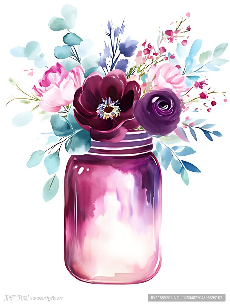 花束装点的紫色玻璃罐