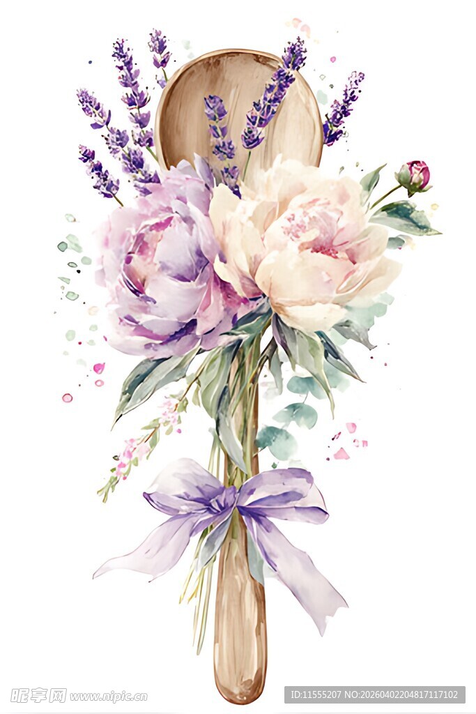 木勺上的花卉水彩插画