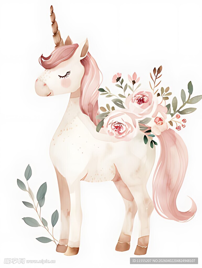 梦幻独角兽与花卉装饰