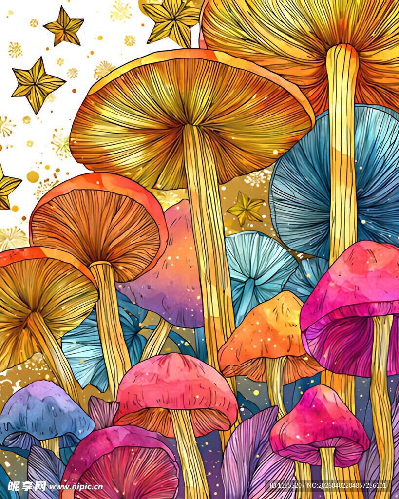 梦幻多彩蘑菇插画世界