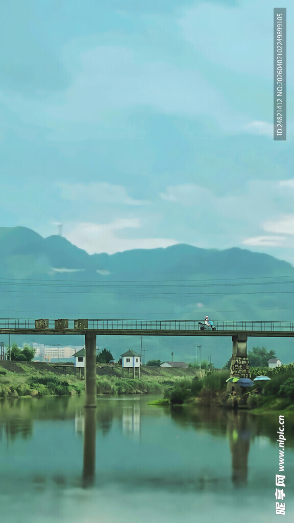 山水间的桥梁倒影美景