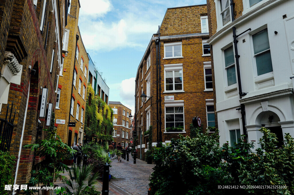 伦敦街边的建筑与绿植景观