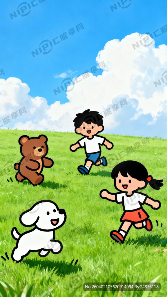 线条小狗和小熊和男孩女孩